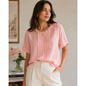 Parisian Pink Satin Blouse Coquette Feminine Office Chic Button Detail SZ 12